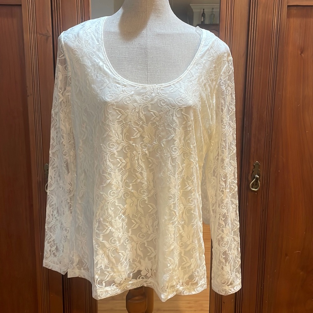 Genealogy top white lace blouse tunic long sleeve round neck women’s size XL
